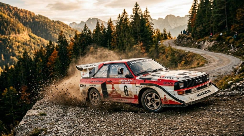 Voiture de rallye rouge blanche soulevant poussière route montagne