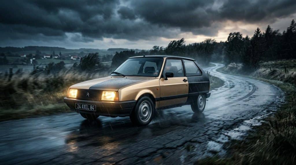 Voiture beige et noire roulant sur route mouillée, paysage rural orageux