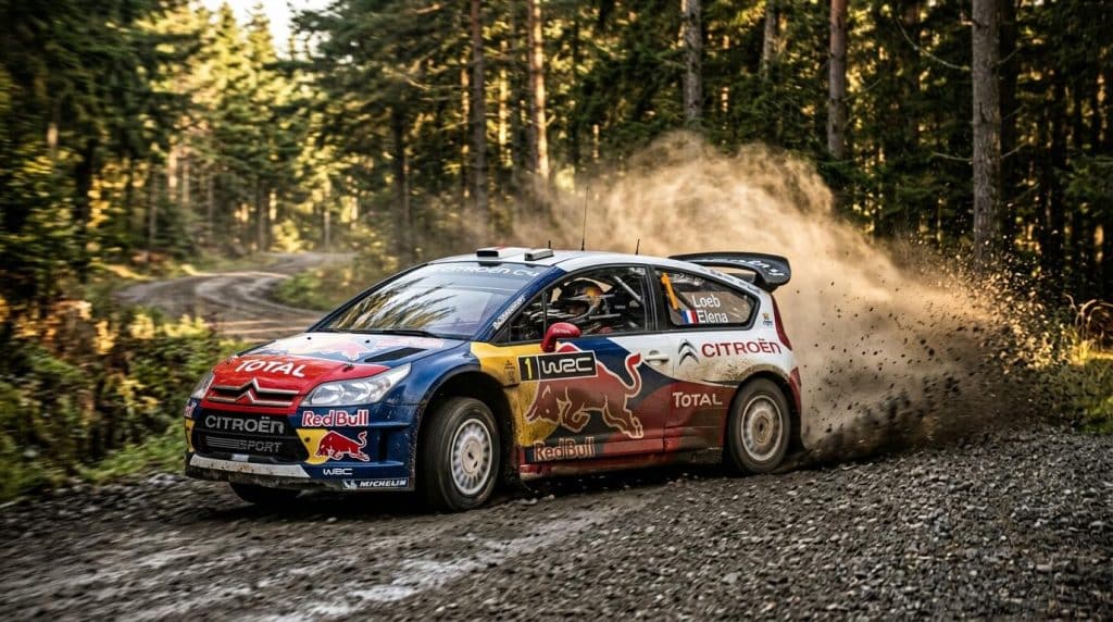 Voiture de rallye Citroën soulevant la poussière sur route forestière