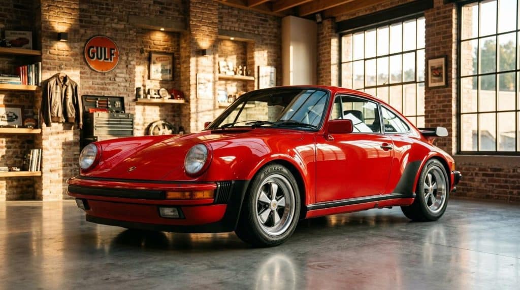 Porsche 911 rouge classique exposée dans un garage moderne.