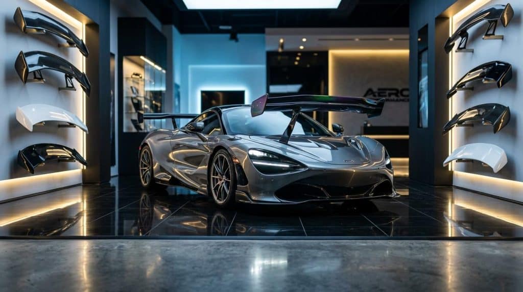 McLaren noire avec aileron dans un showroom futuriste