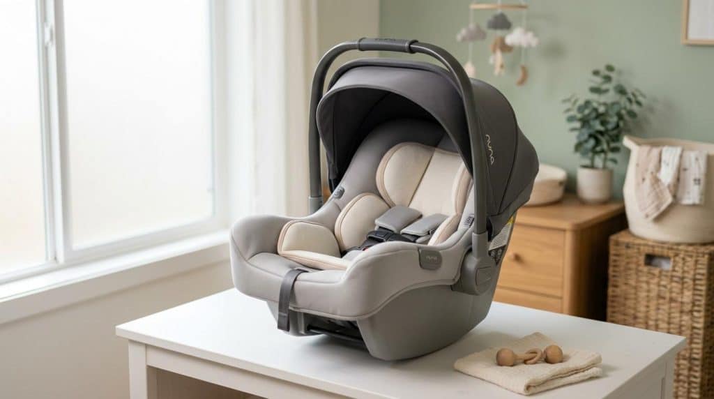 Siège auto bébé gris et noir sur table blanche