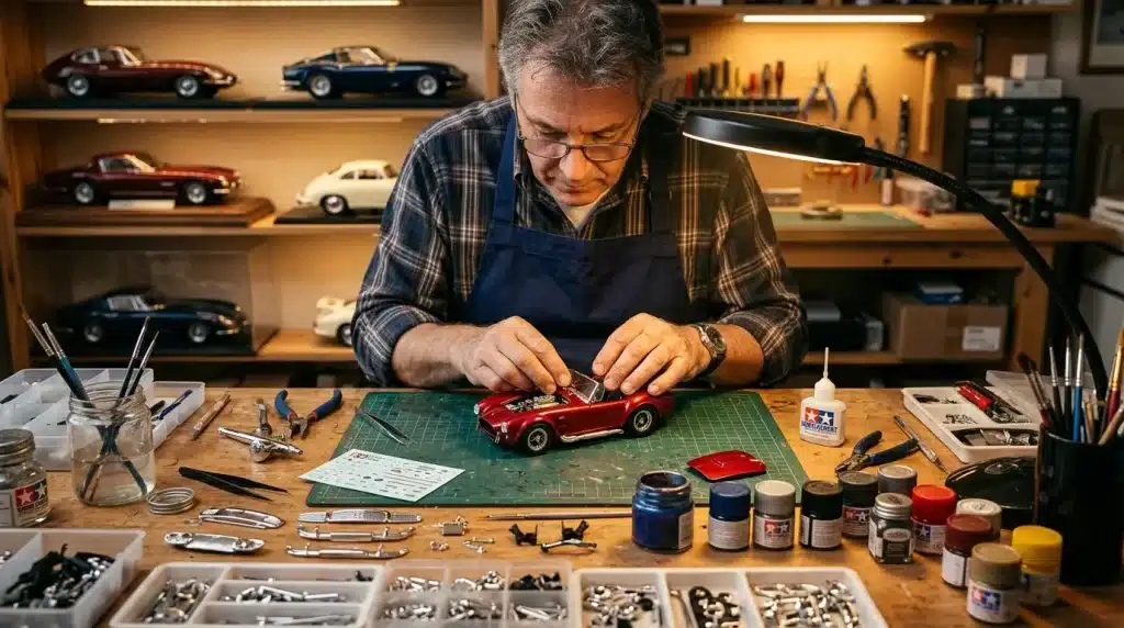 Homme âgé construisant détail maquette voiture rouge établi