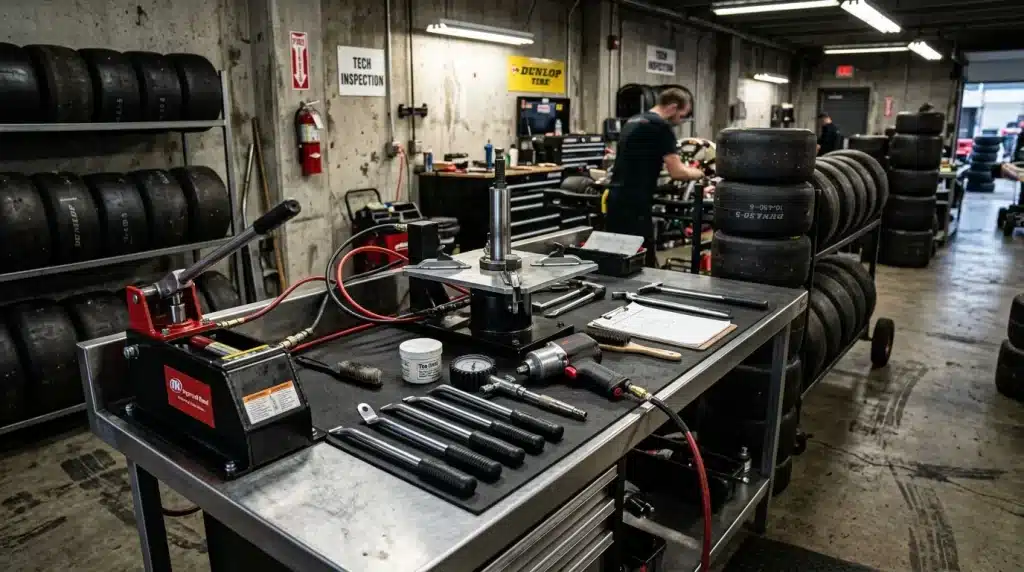 Garage avec outils, pneus et mécaniciens au travail