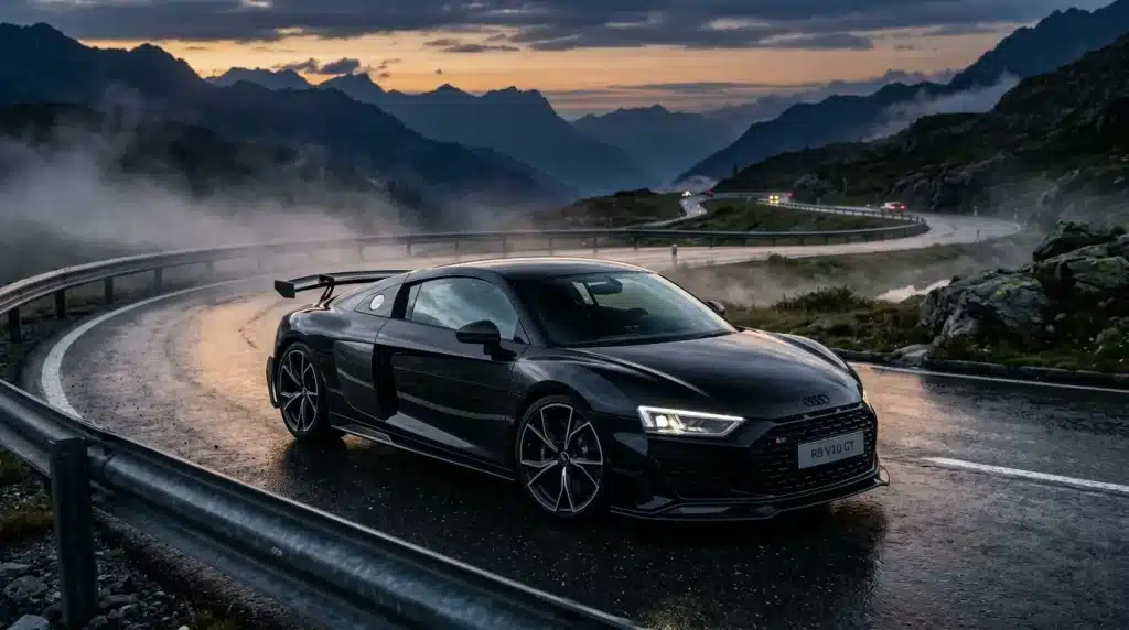 Supercar noire Audi R8 V10 GT sur route sinueuse montagneuse