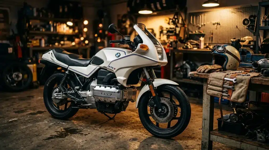 Moto BMW blanche dans un atelier mécanique équipé