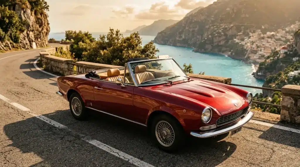 Voiture décapotable rouge vintage sur route côtière méditerranéenne