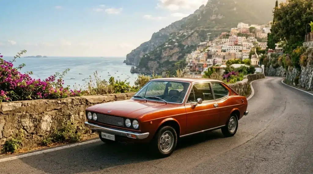 Voiture vintage rouge sur route côtière italienne pittoresque