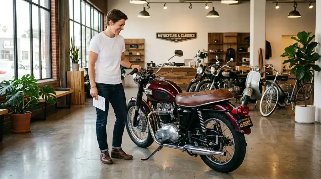 Homme examinant une moto rouge dans un showroom