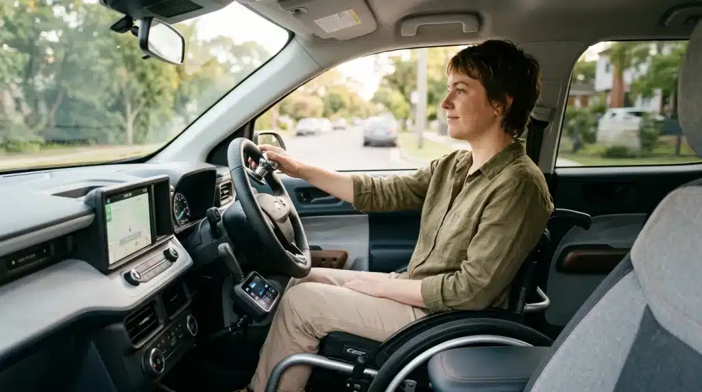 Femme en fauteuil roulant conduisant une voiture adaptée