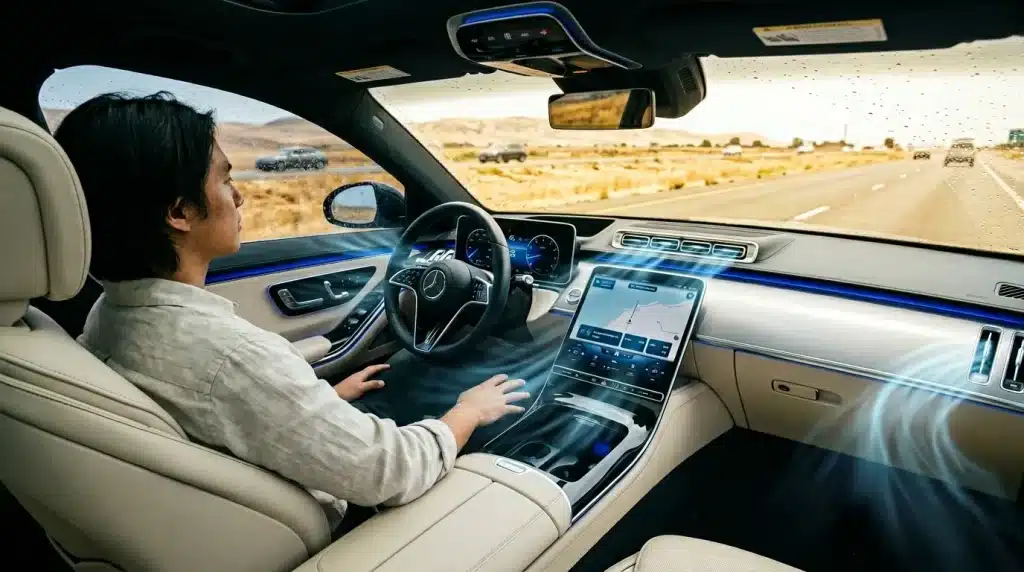 Homme dans voiture autonome sur route déserte avec mains libres