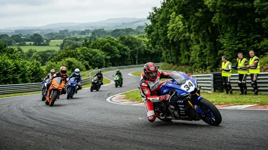 Motos de course en compétition sur circuit avec spectateurs.