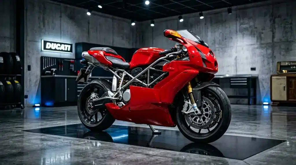 Moto sportive Ducati rouge brillante dans garage professionnel