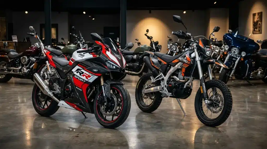 Motos sportives et cruisers exposées dans showroom