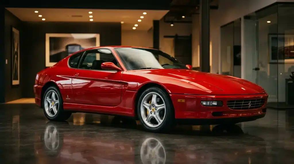 Ferrari rouge brillante exposée dans un showroom contemporain élégant