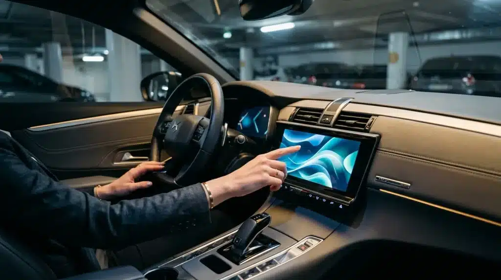 Personne manipulant l'écran tactile du tableau de bord d'une voiture.
