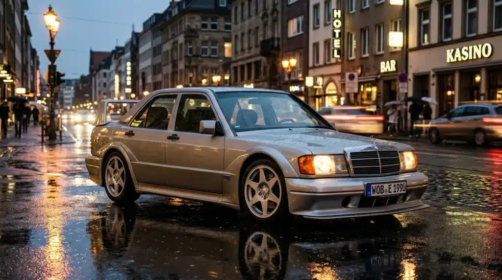 Mercedes argentée dans rue européenne humide illuminée