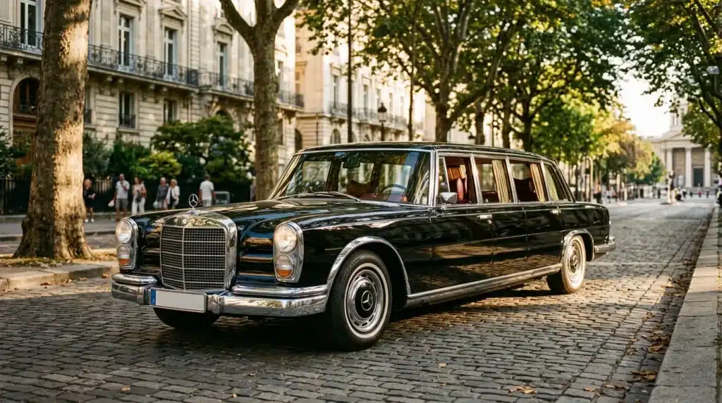 Voiture vintage noire stationnée sous les arbres à Paris