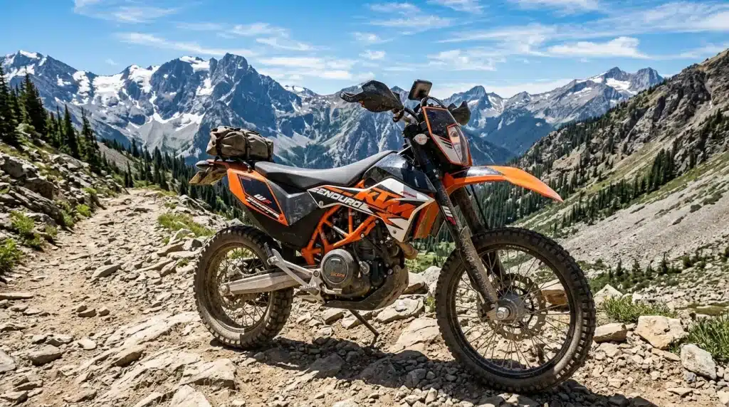Moto KTM orange sur piste de montagne avec pics enneigés