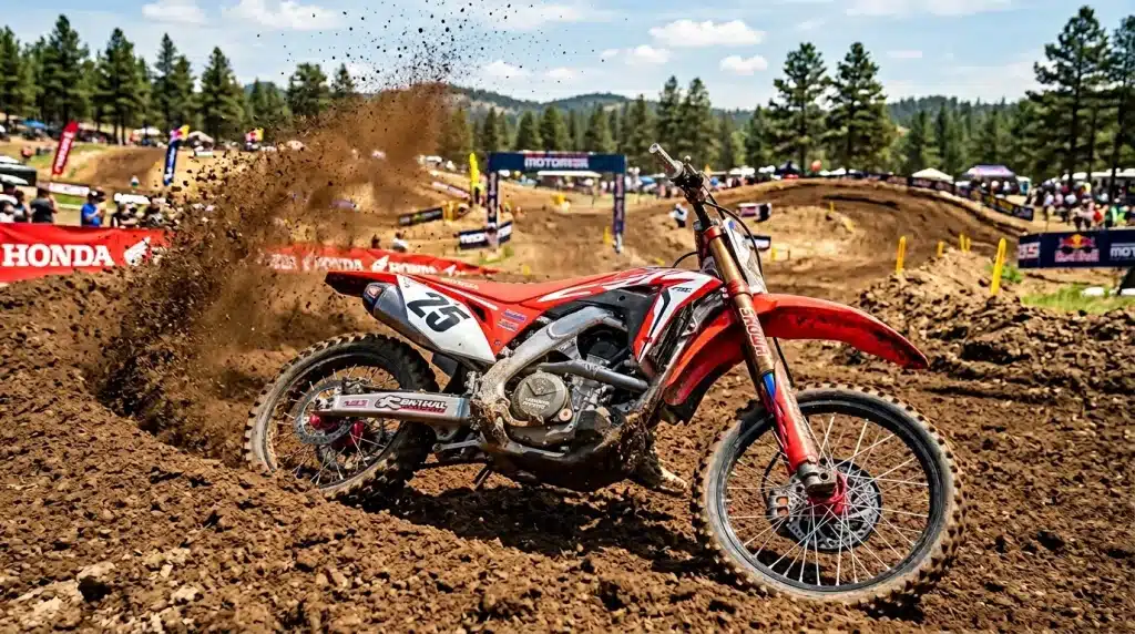 Moto rouge de motocross sur piste de terre avec spectateurs