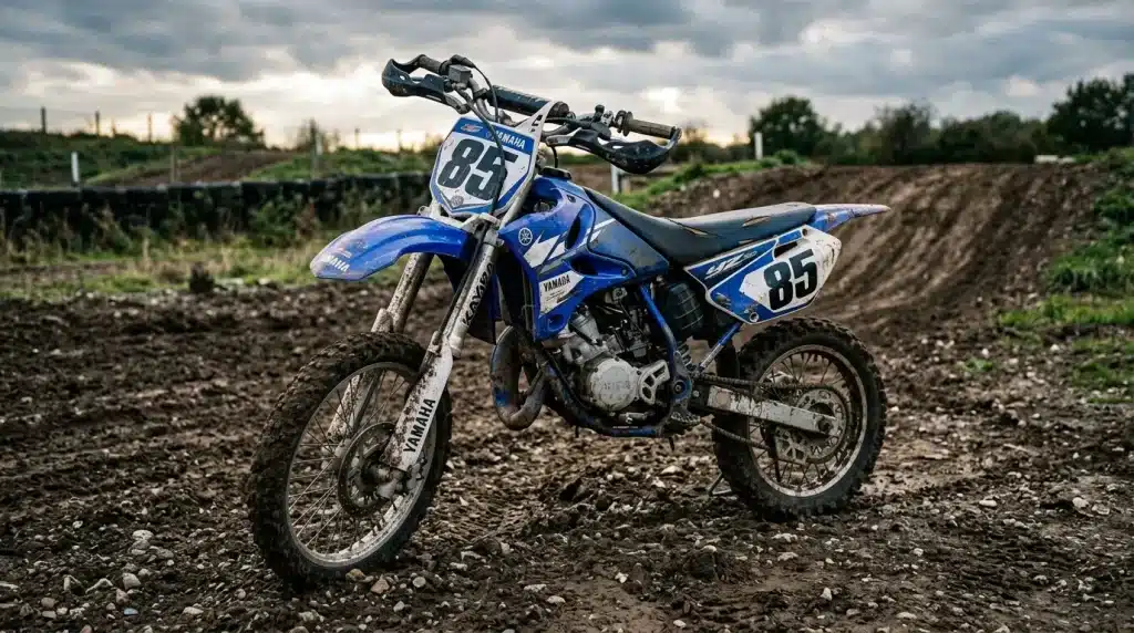 Moto cross Yamaha bleue avec numéro 85 sur terrain