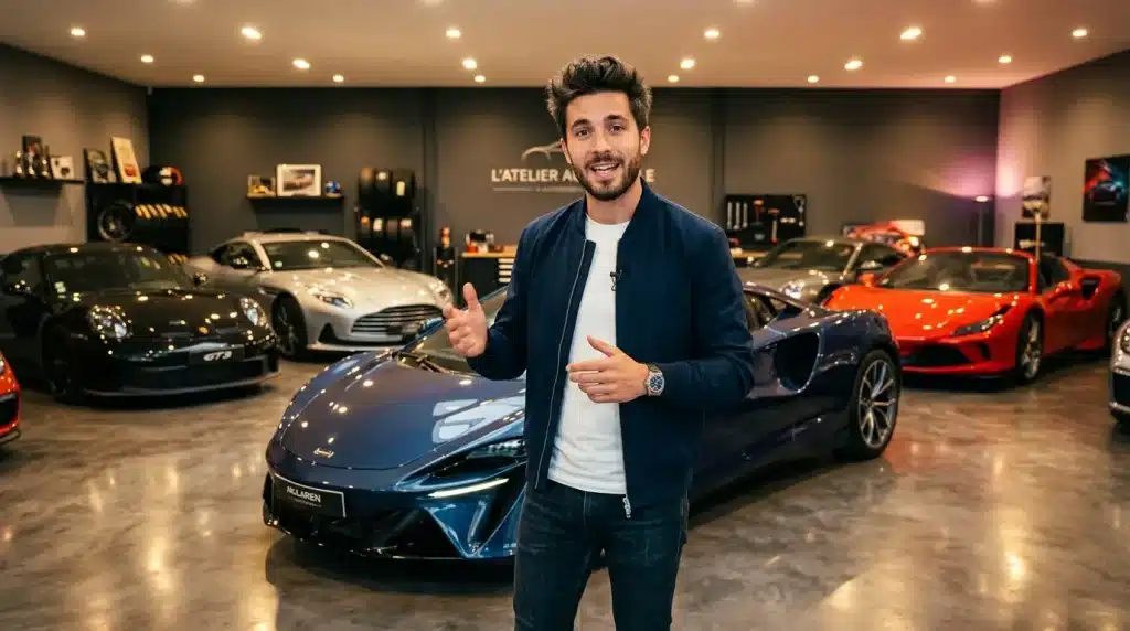 Homme présentant une McLaren bleue dans un showroom automobile
