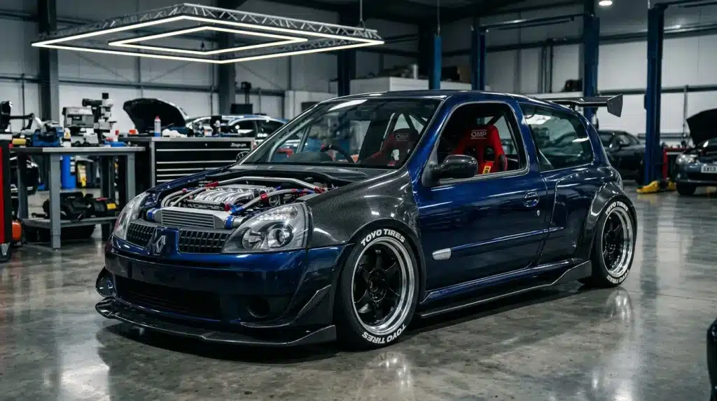 Renault Clio bleu tuning moteur atelier mécanique