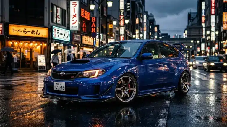 Voiture sportive bleue dans rue illuminée japonaise