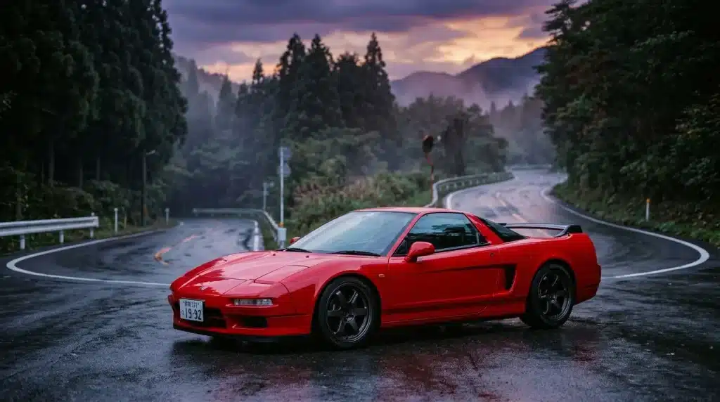 Voiture de sport rouge sur route mouillée en montagne