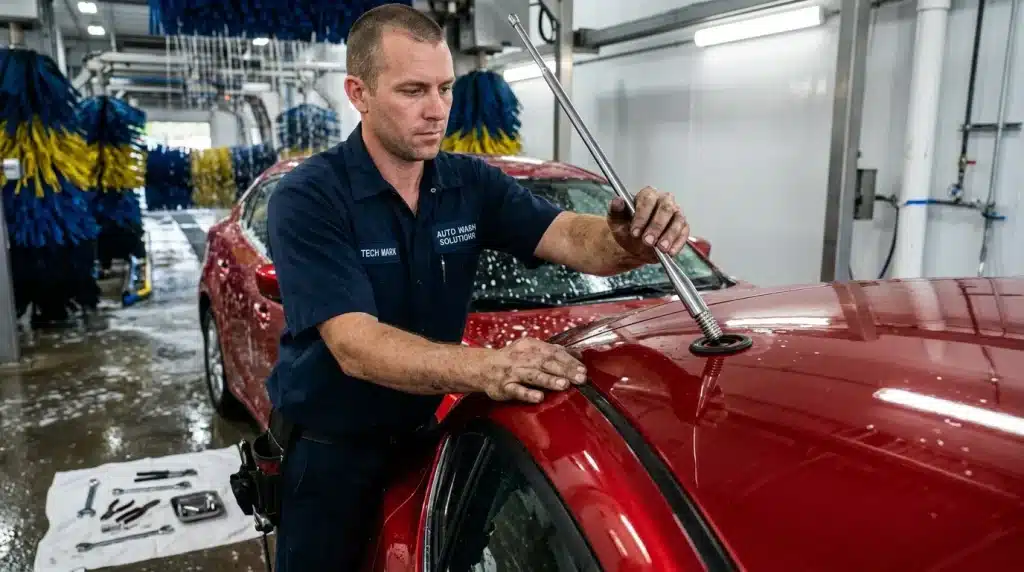 Technicien en uniforme répare l'antenne d'une voiture rouge