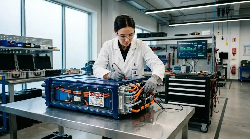 Femme ingénieure en blouse blanche examinant batterie automobile