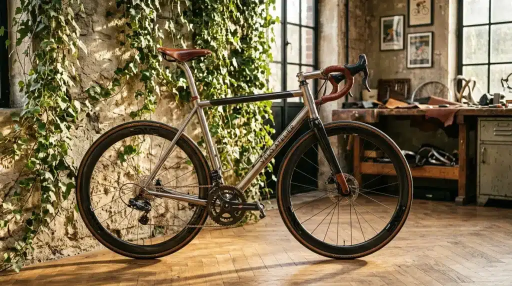 Bicycle classique avec guidon courbe dans un atelier vintage.