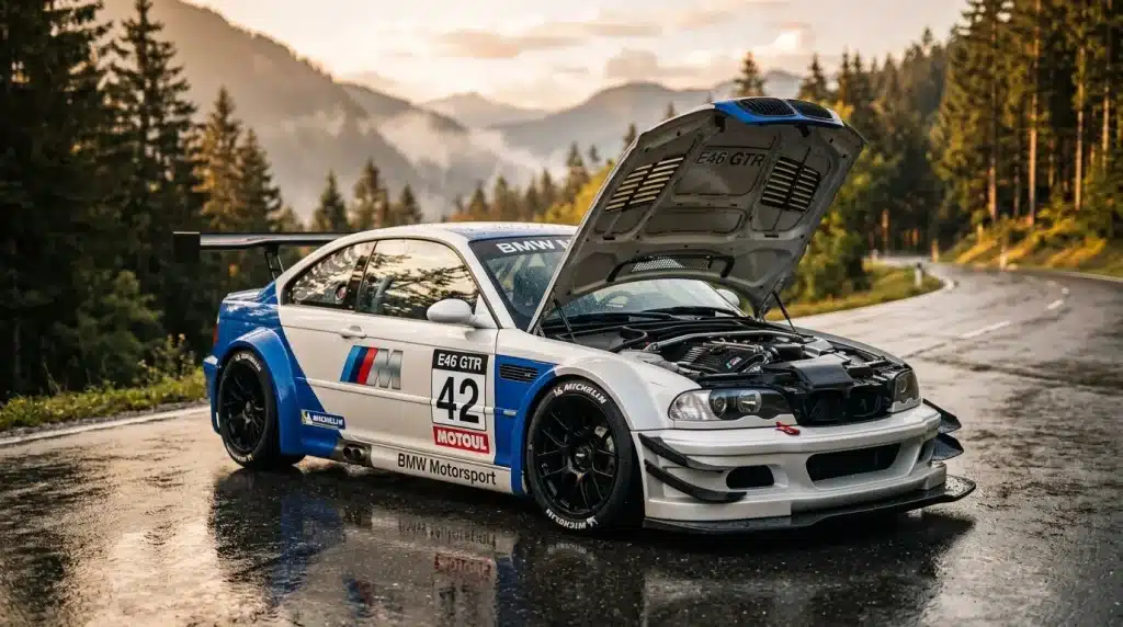 BMW M3 E46 GTR blanc bleu moteur ouvert montagne