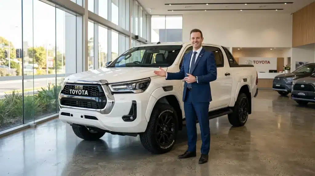 Vendeur en costume bleu devant pickup Toyota blanc