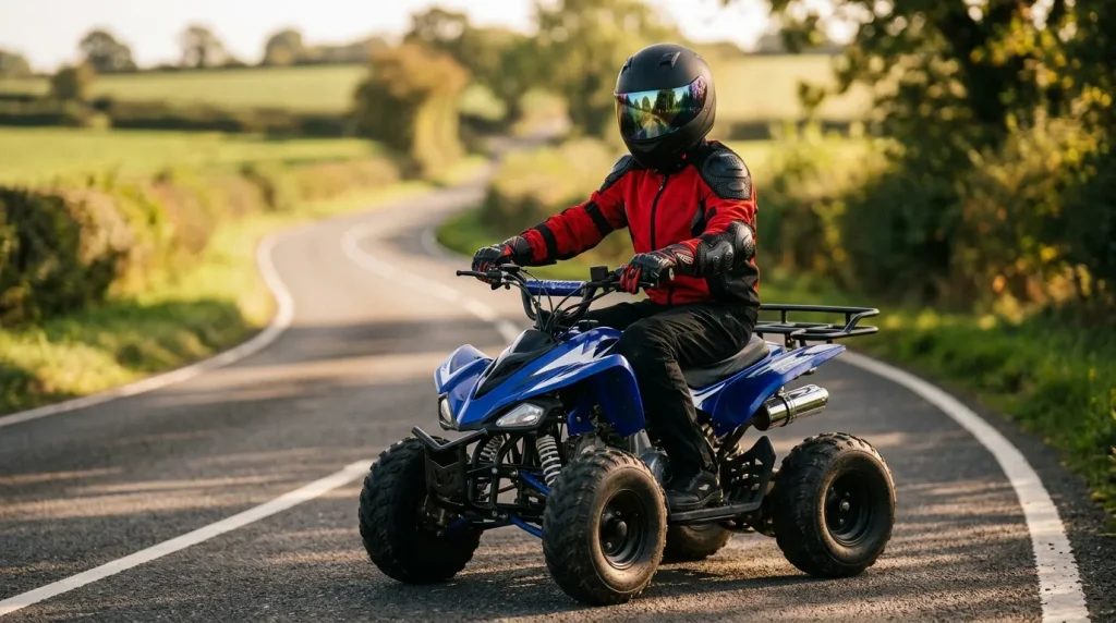 Jeune pilote en quad bleu sur route campagnarde