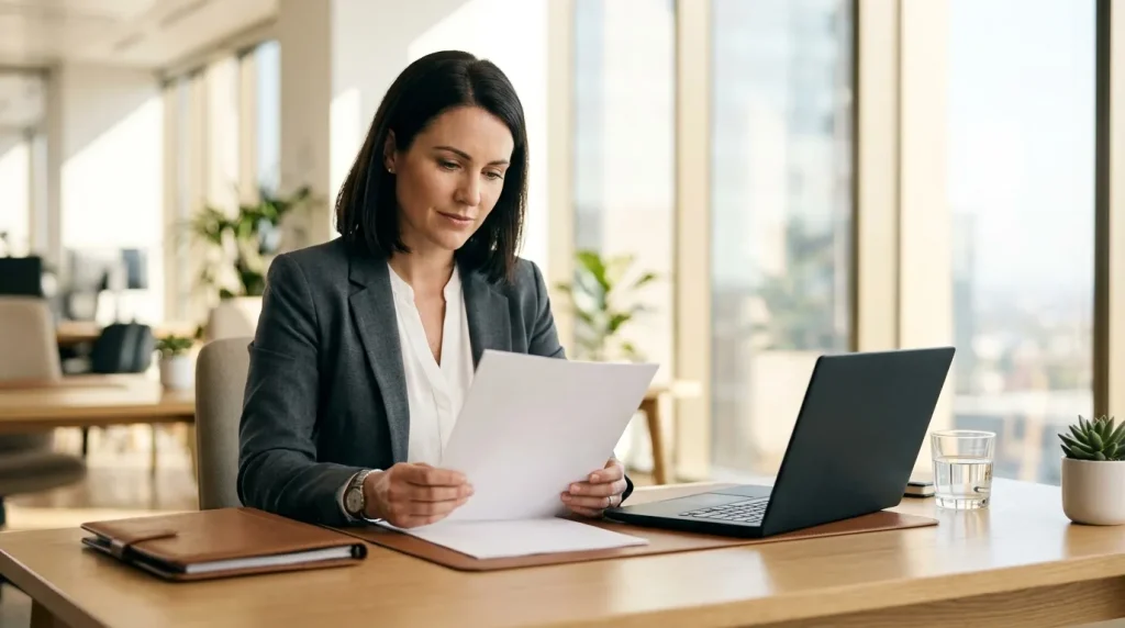 Femme en costume consulte des papiers à son bureau