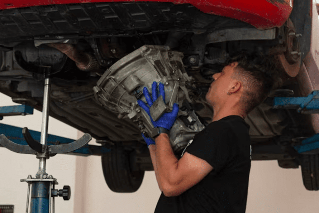 homme qui change un bloc moteur avec une voiture suspendue