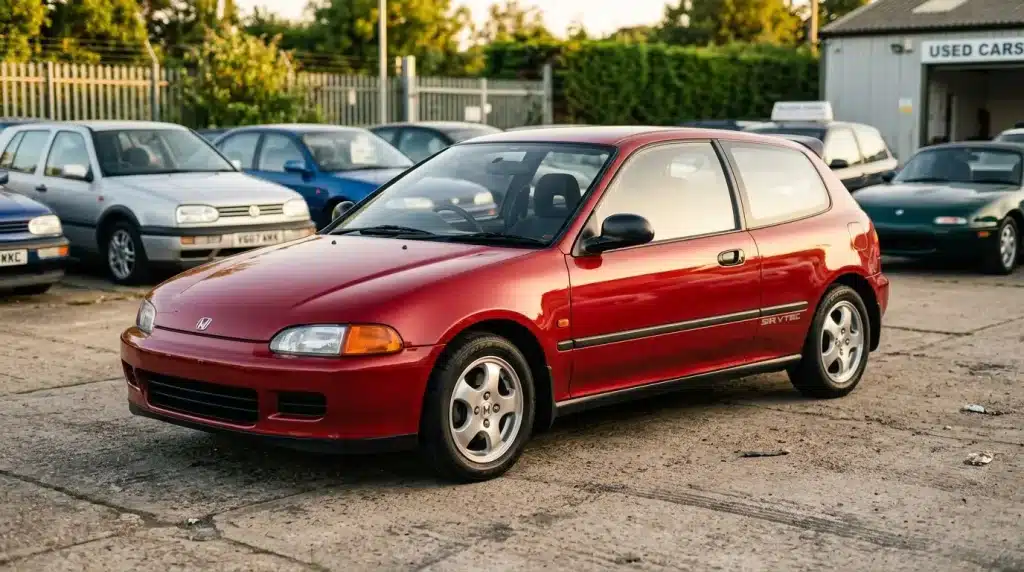 Honda Civic SiR rouge garée dans une cour de concessionnaire automobile