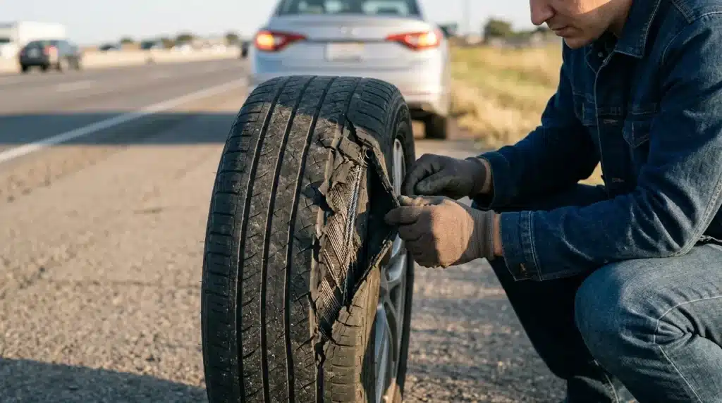 Homme examine pneu endommagé sur autoroute avec voiture en arrière-plan