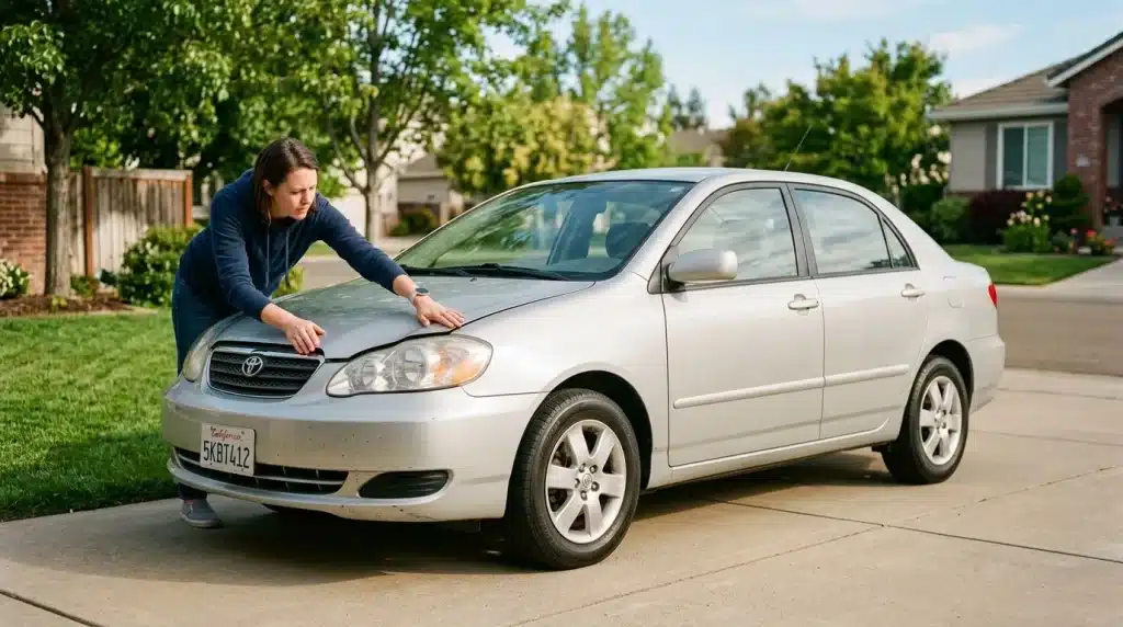 Femme examine dégâts sur capot voiture blanche