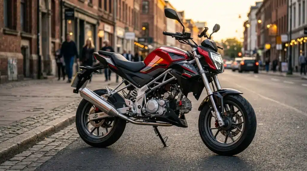 Moto rouge et noire garée dans une rue pavée européenne