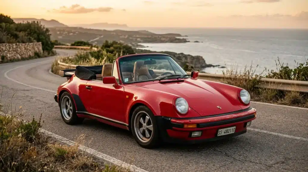 Porsche 911 décapotable rouge garée sur route côtière méditerranéenne