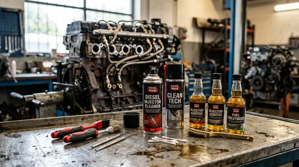 Produits de nettoyage diesel sur établi atelier mécanique