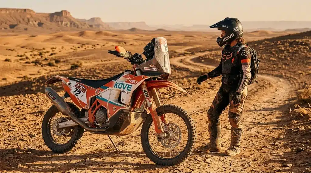 Pilote équipé près d'une moto rally dans le désert rocheux