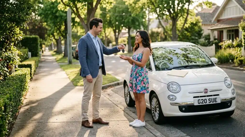 Homme remet les clés d'une voiture blanche à une femme souriante