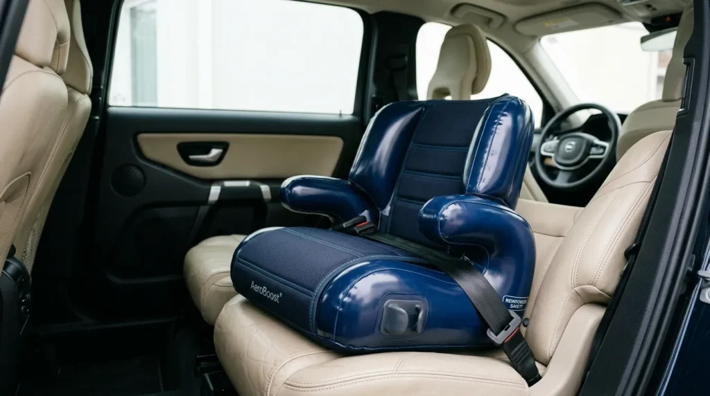 Siège auto bleu et noir installé sur banquette arrière beige