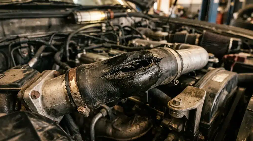 Tuyau de radiateur cassé dans moteur automobile sale