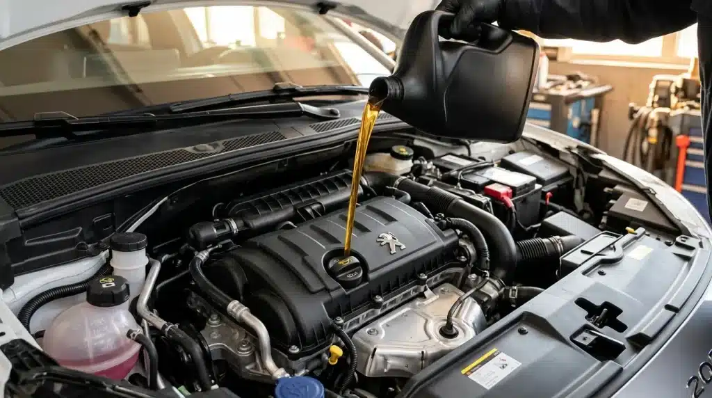 Versement d'huile moteur dans le moteur d'une voiture